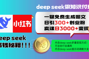 Deep seek 一键免费生成小红书图文日引300+创业粉，日变现3000+教程！…