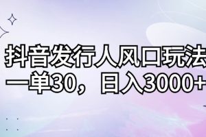 抖音发行人风口玩法，一单30，日入3000+