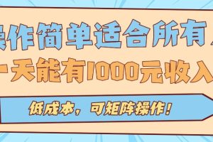 操作简单适合所有人全自动挂机项目，一天能有1000元收入，低成本，可矩…