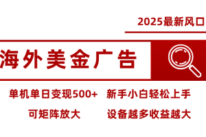 2025最新风口 海外美金广告 单机单日变现500+ 可矩阵放大 设备越多收…