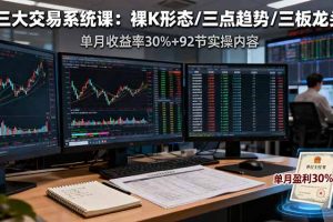 三大交易系统课：裸K形态/三点趋势/三板体系，单月收益率30%+92节实操内容