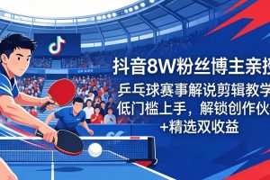 抖音8W粉丝博主亲授：乒乓球赛事解说剪辑教学，低门槛上手，解锁创作伙伴+精选双收益