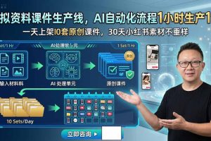 虚拟资料课件生产线,AI自动化流程1小时生产1套,一天上架10套原创课件,30天小红书素材不重样