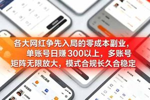 各大网红争先入局的零成本副业，单账号日赚 300 以上，多号矩阵可放大，模式合规长久稳定！