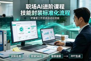 职场AI进阶课程；多类实用Skill工具实操，专属技能封装标准化流程，报表行业报告一键提取核心内容