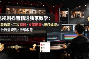 电视剧抖音精选独家教学:爆款选题×二次剪辑×文案配音×版权规避×平台流量规则×持续收益账号